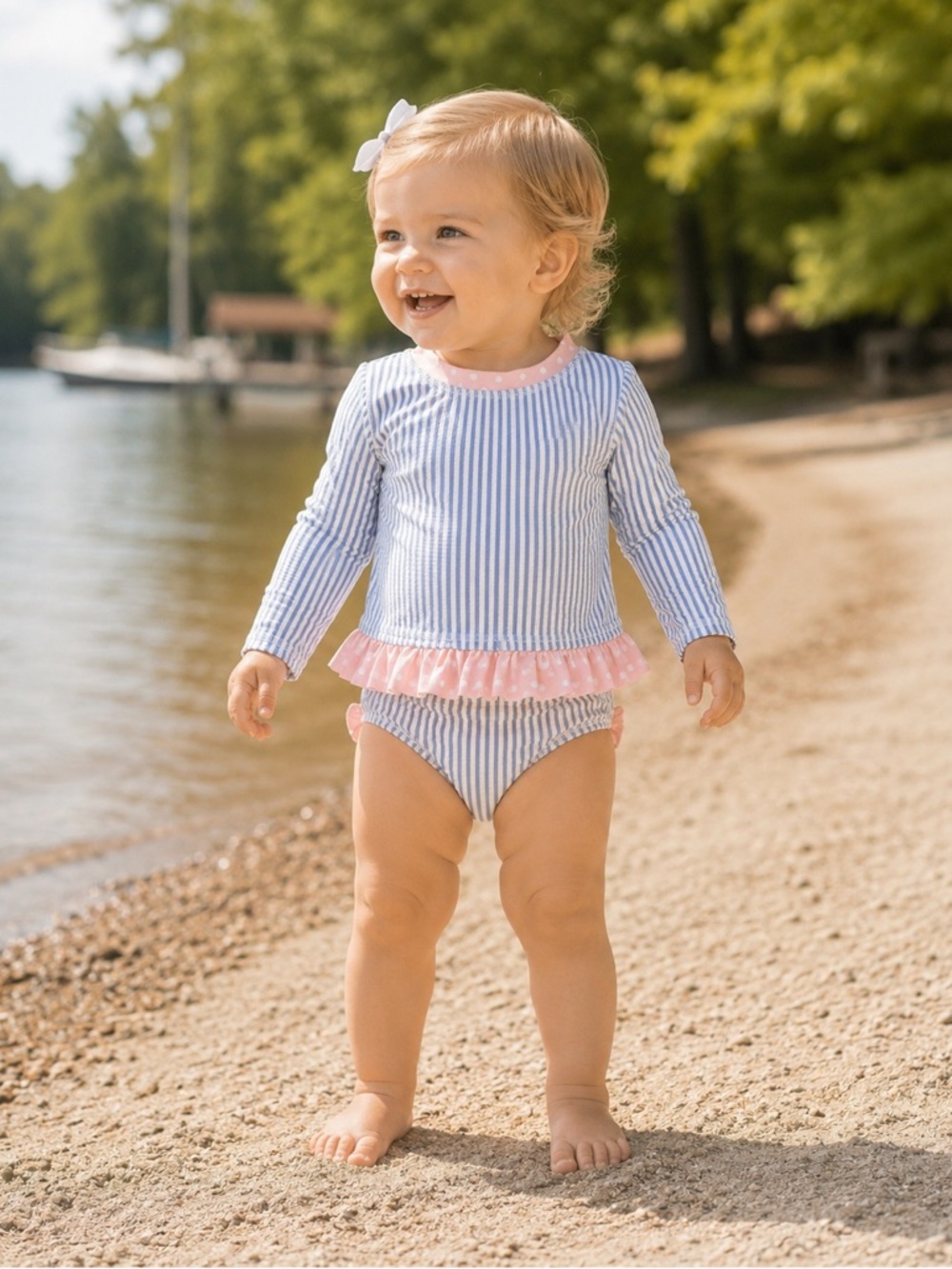 RuffleButts Blue Seersucker Two-Piece Rash Guard Swimsuit Set Size 18-24 M